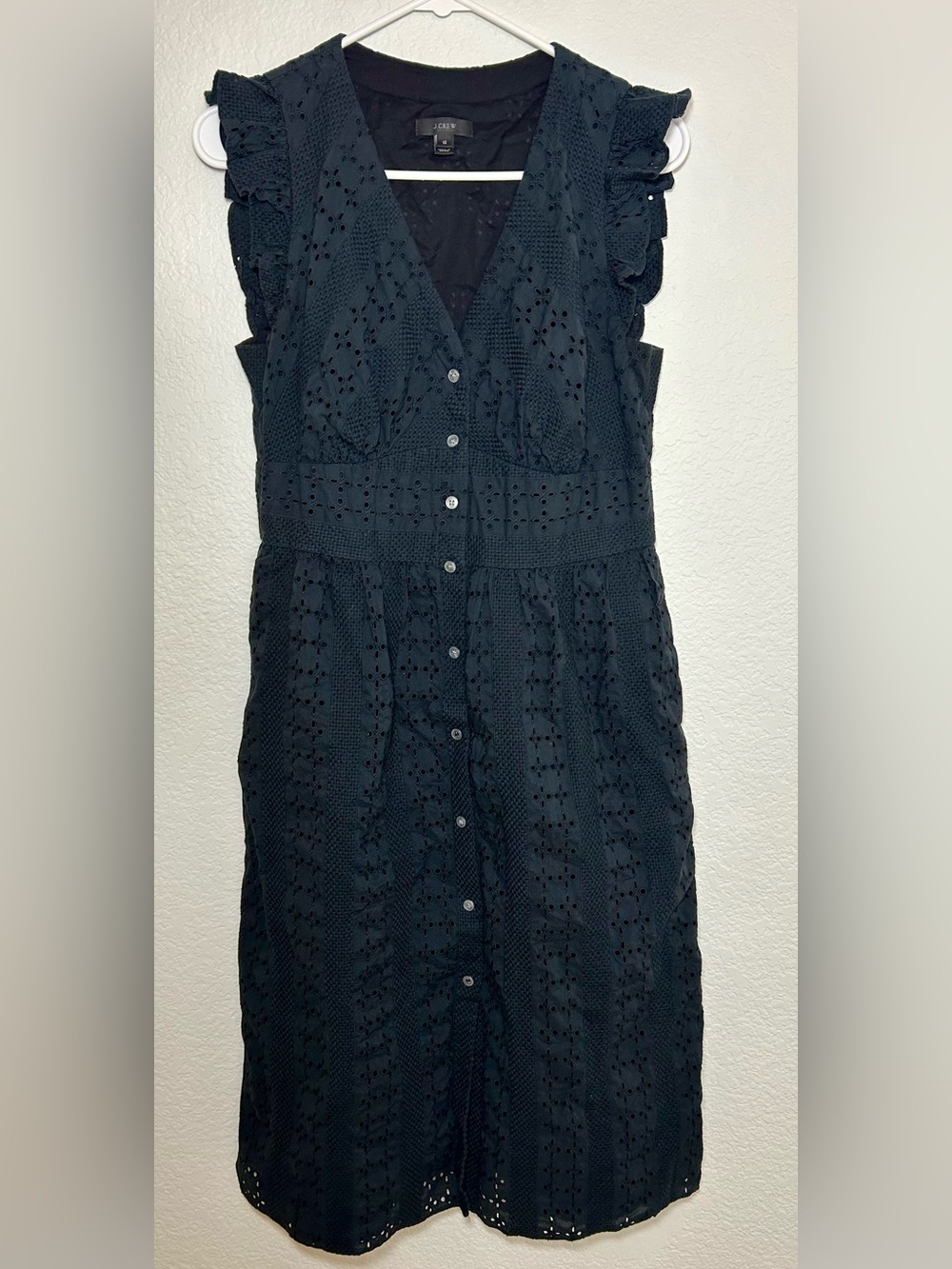 J.Crew Navy Eyelet Ruffle Sleeve Button Front Cotton Dress Sz 12